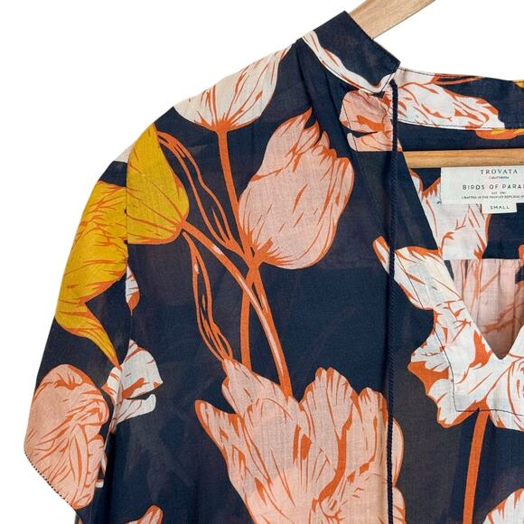 Trovata Birds of Paradis Floral Blouse Womens S Blakc Tassel Boho Lightweight - Picture 7 of 16